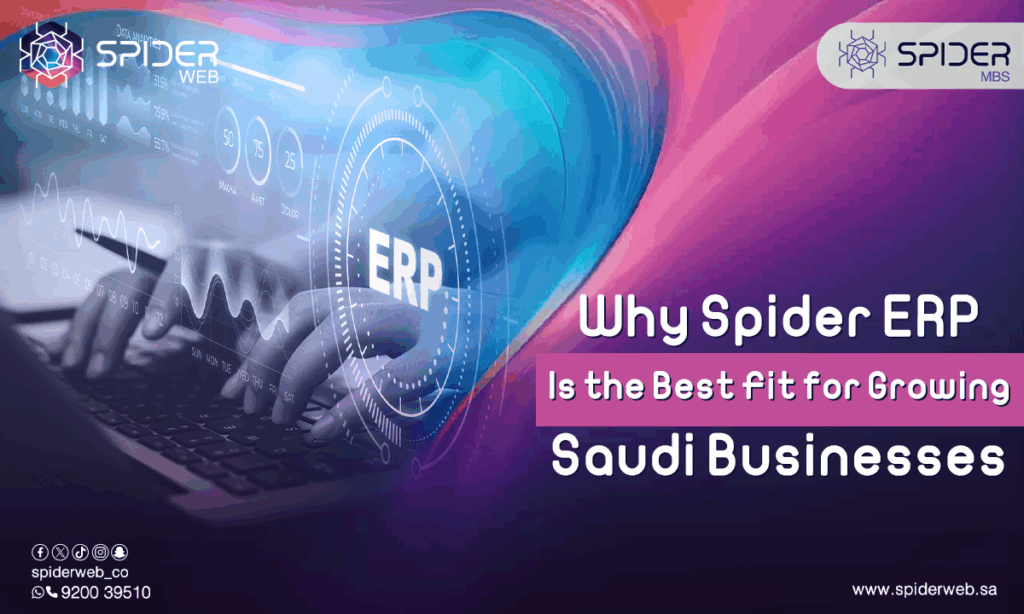 Spider ERP dashboard showing financial, HR, and inventory modules tailored for Saudi business operations