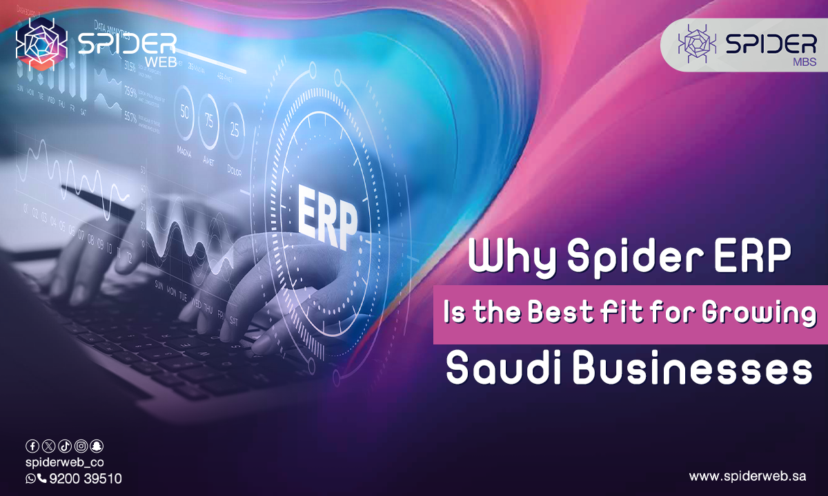 Spider ERP dashboard showing financial, HR, and inventory modules tailored for Saudi business operations